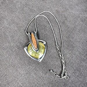 Vintage MCM Two-Tone Silver Gold Brown Druzy Shield Pendant Necklace 18